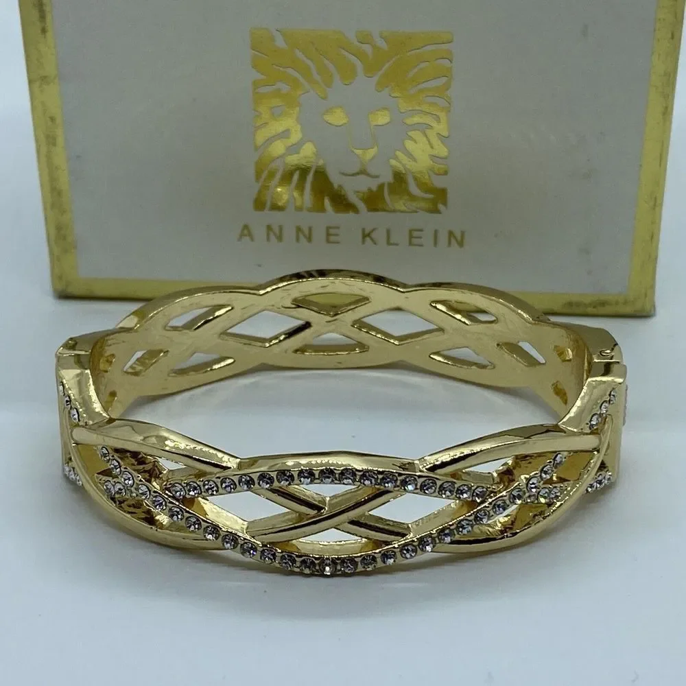 Anne Klein Women's Gold-Tone and Crystal Hinge Bangle Bracelet UB71